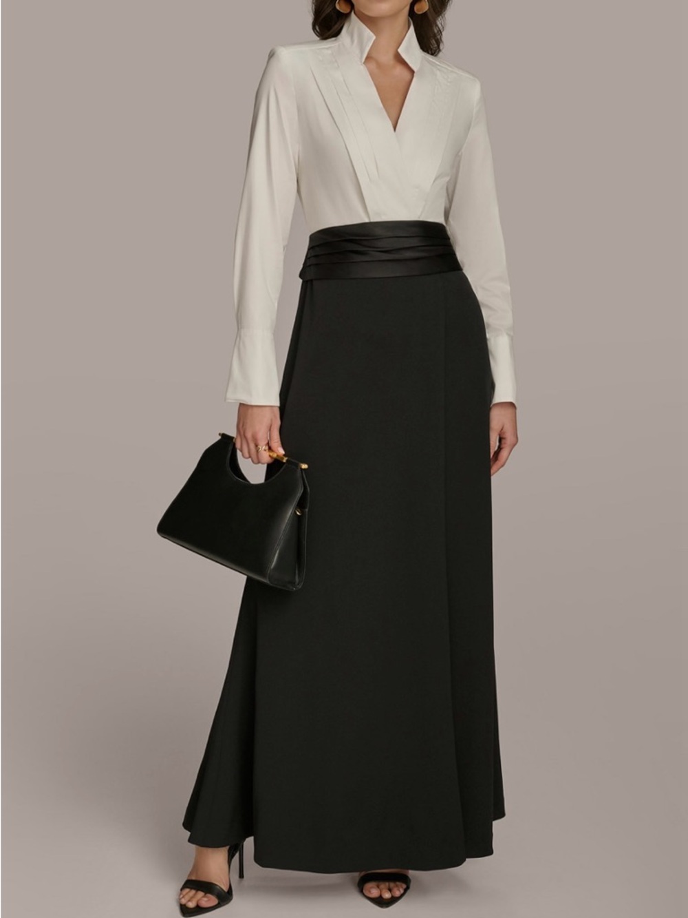 Donna Karan Black and White Long-Sleeve Maxi Dress with Sash Waist